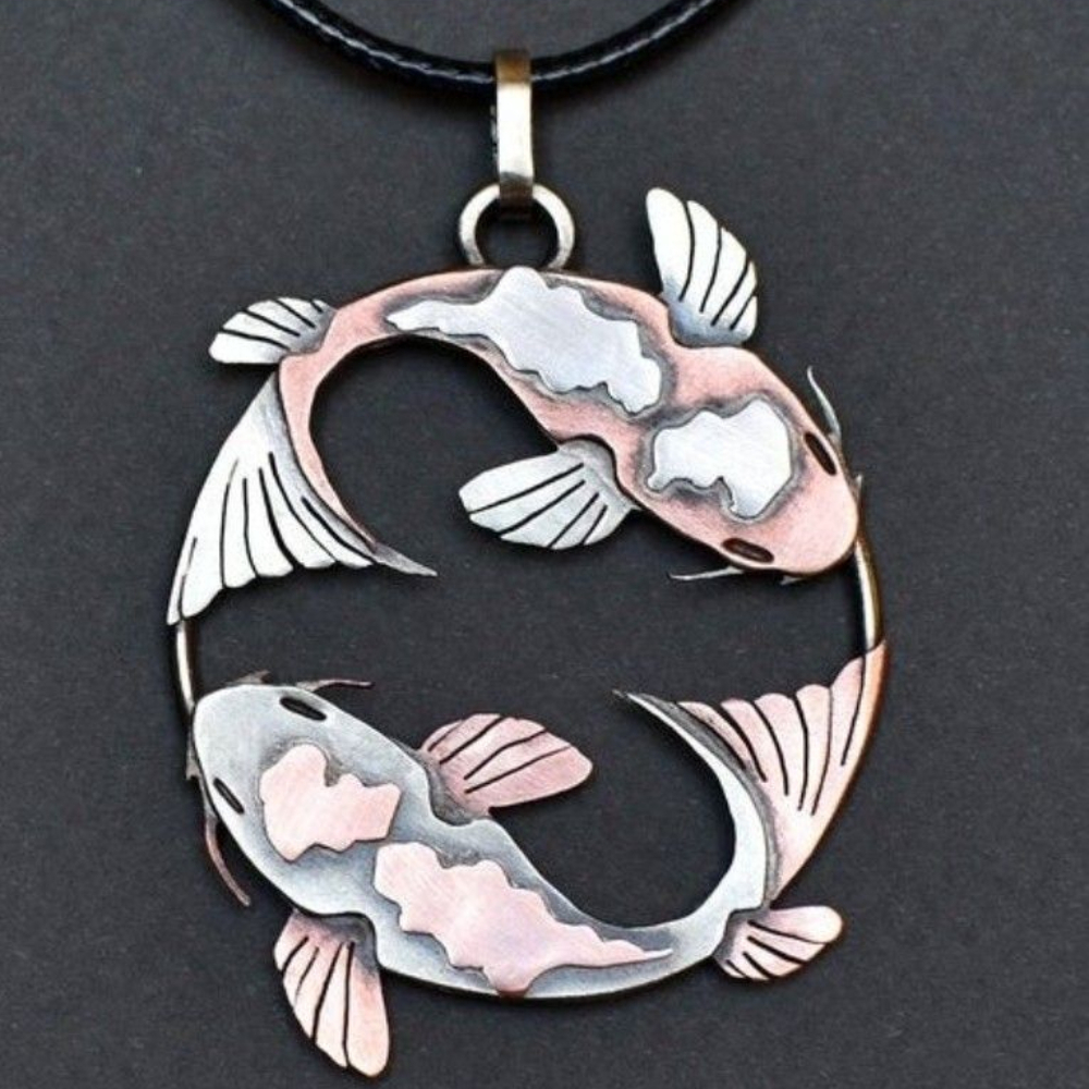 Women's Two-Tone Tai Chi Double Koi Pendant Necklace